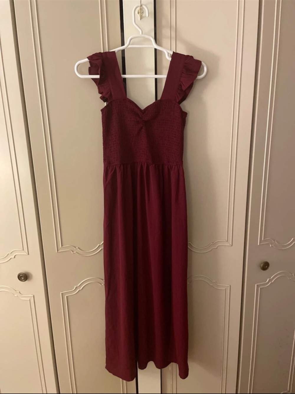 Inspired Hearts Wine Ruffle-Shoulder Maxi Dress